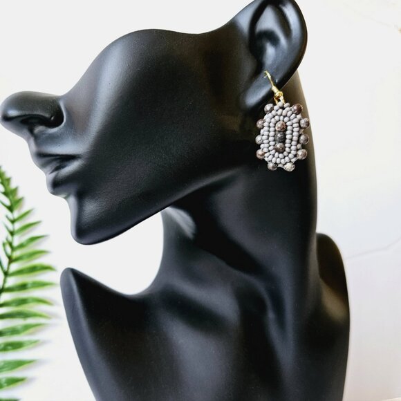 2/$27 | Charcoal Stone Shield Beaded Indigenous Hoop Earrings | Handmade - Picture 6 of 6